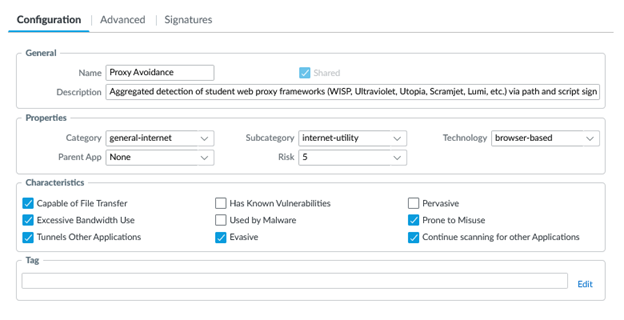 Palo Alto custom application configuration named Proxy Avoidance with risk and characteristics selected.