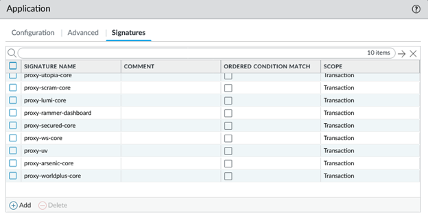 Signatures list in Palo Alto showing multiple proxy-related signature names.