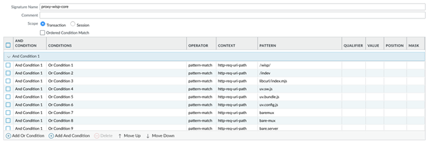 Signature conditions matching WISP-related scaffolding and bundled JavaScript resources.