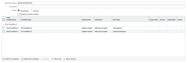 Signature conditions matching Secured framework JavaScript including messages and announcements.